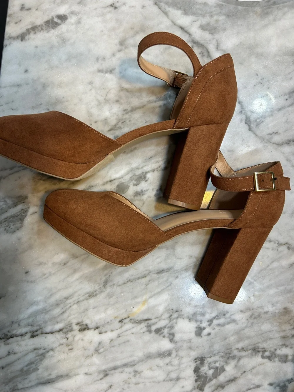 LOFT Tan Suede Ankle-Strap Block Heels